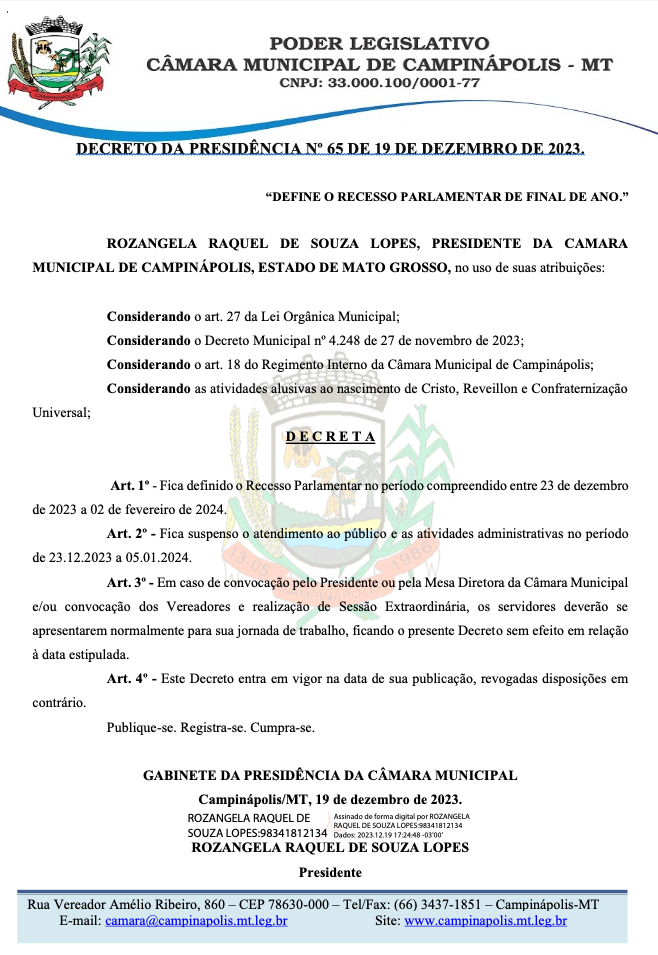 A CÂMARA MUNICIPAL DE CAMPINÁPOLIS DECRETA RECESSO PARLAMENTAR DE FINAL DE ANO DE 2023