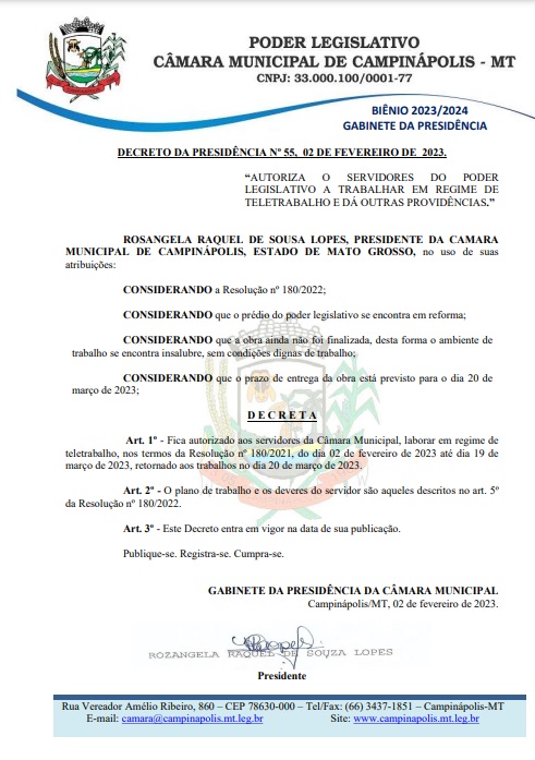 Atos da Presidencia de Nº 55 de 02 de fevereiro de 2023.